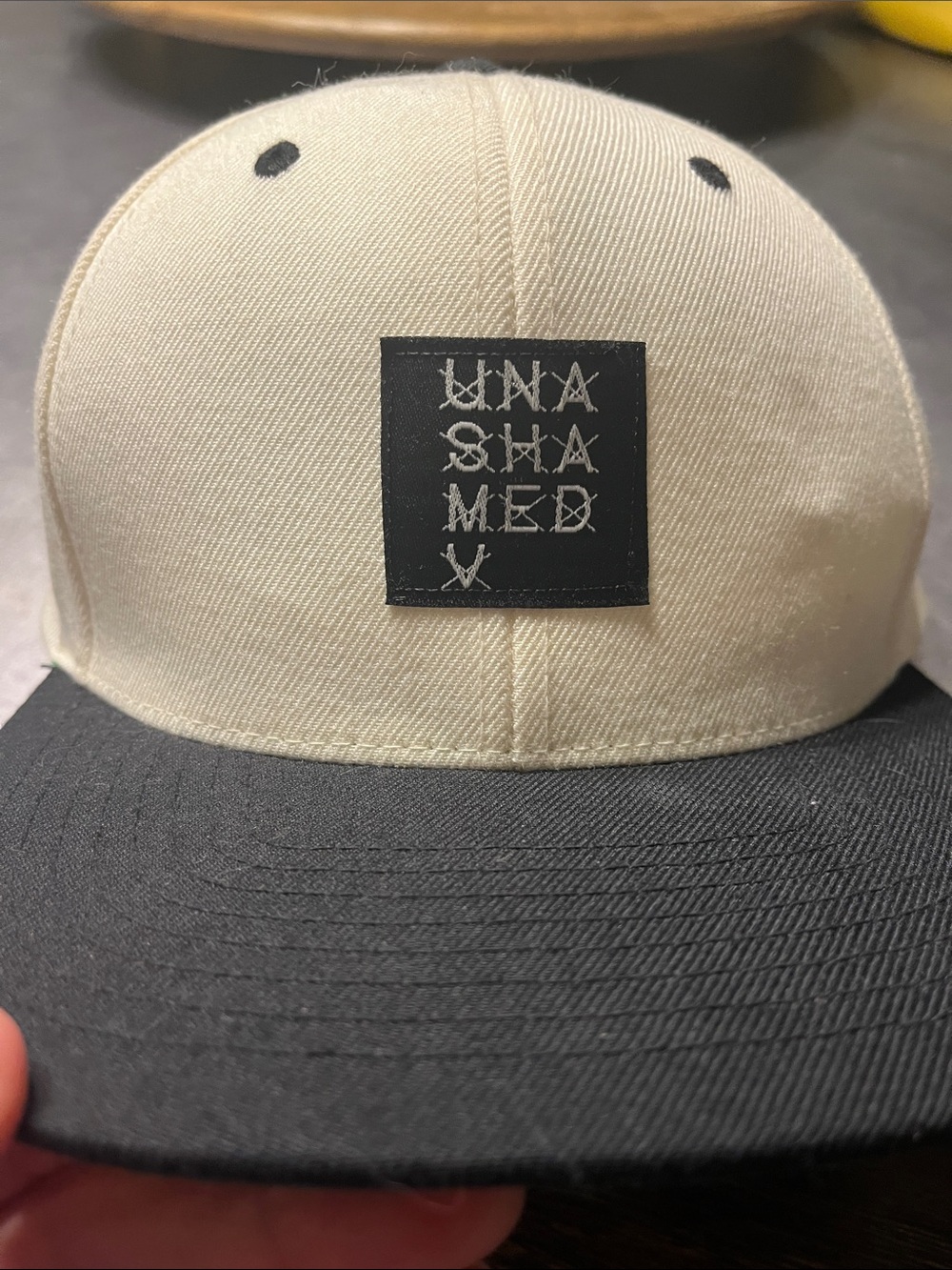 UNASHAMED Yupoong Classics Snapback Hat Cream Black Wool Blend Cap 116